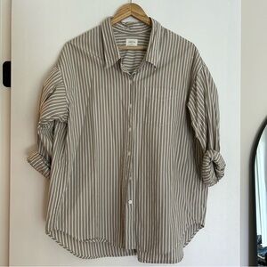 Aritzia Striped Button-Down Shirt in Taupe and White